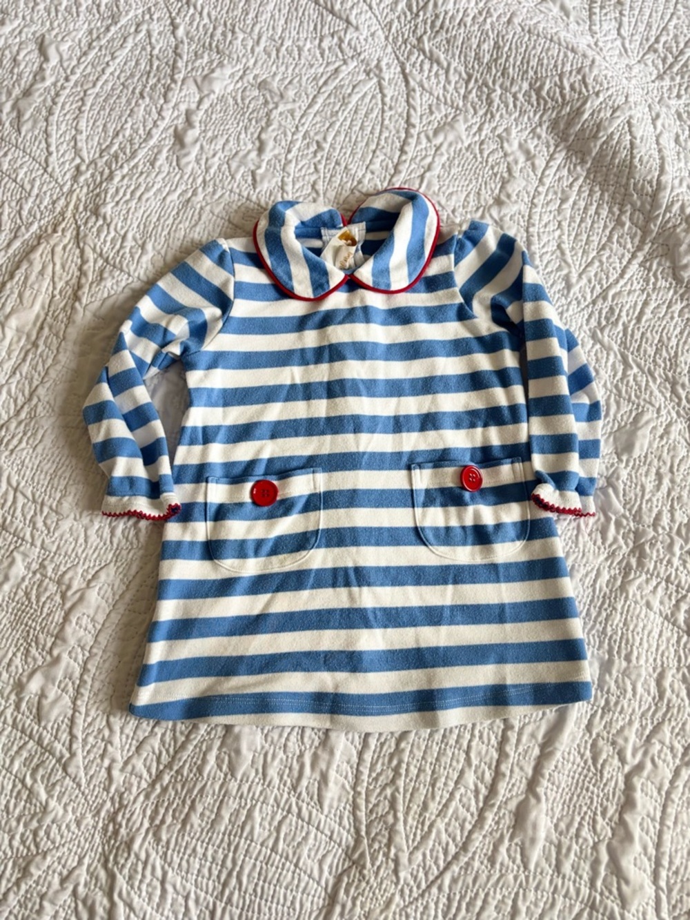 The Beaufort Bonnet Company Blue and White Striped Knit Dress with Red Trim